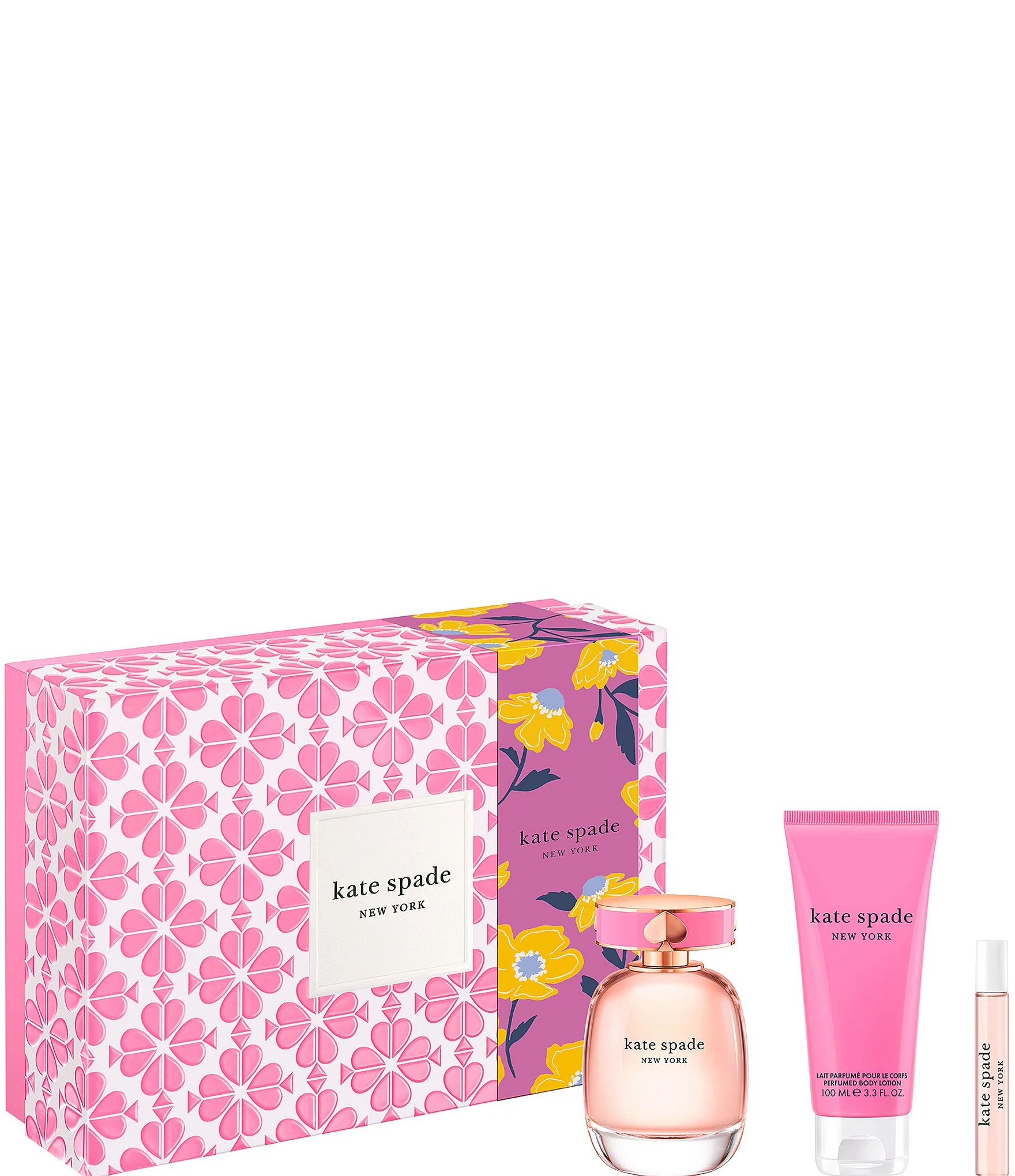 Kate Spade 100ml Eau De Parfum Gift Set featuring an Eau De Parfum bottle, body lotion, rollerball perfume, and a pink floral box is the perfect fragrance for women.