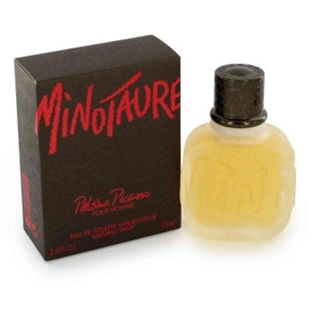 A small Paloma Picasso Minotaure Pour Homme 75ml Eau De Toilette bottle on a white background with fragrance.