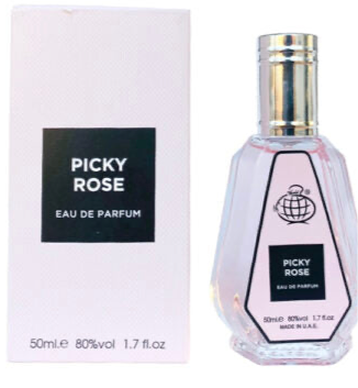 A 50ml container of "Fragrance World Picky Rose" Eau de Parfum is presented in a hexagonal transparent bottle, adorned with a sleek silver cap. This unisex fragrance, boasting an alcohol volume of 80%, is crafted in the UAE under the Fragrance World brand.