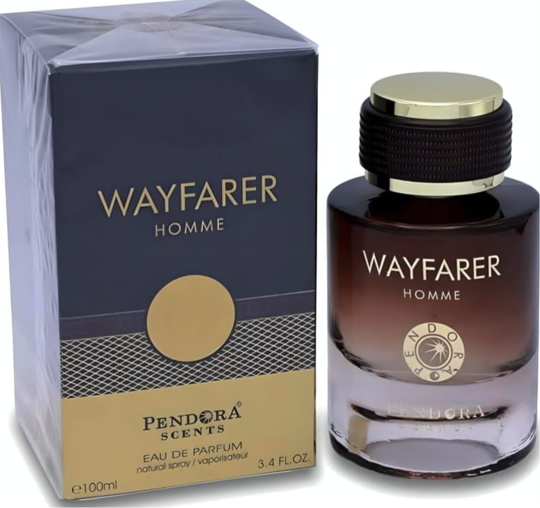 An eau de parfum bottle labeled "Pendora Scents Wayfarer Homme 100ml Eau De Parfum" and its packaging box. The 100ml bottle by "Pendora Scents" promises a floral-scented journey, making it the perfect fragrance for men.