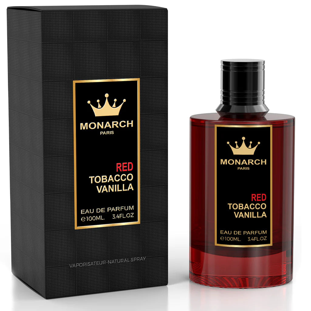 A bottle of Milestone Monarch Red Tobacco Vanilla Eau De Parfum, 100ml, from Rio Perfumes, sits elegantly beside its black packaging box, exuding an enchanting fragrance.