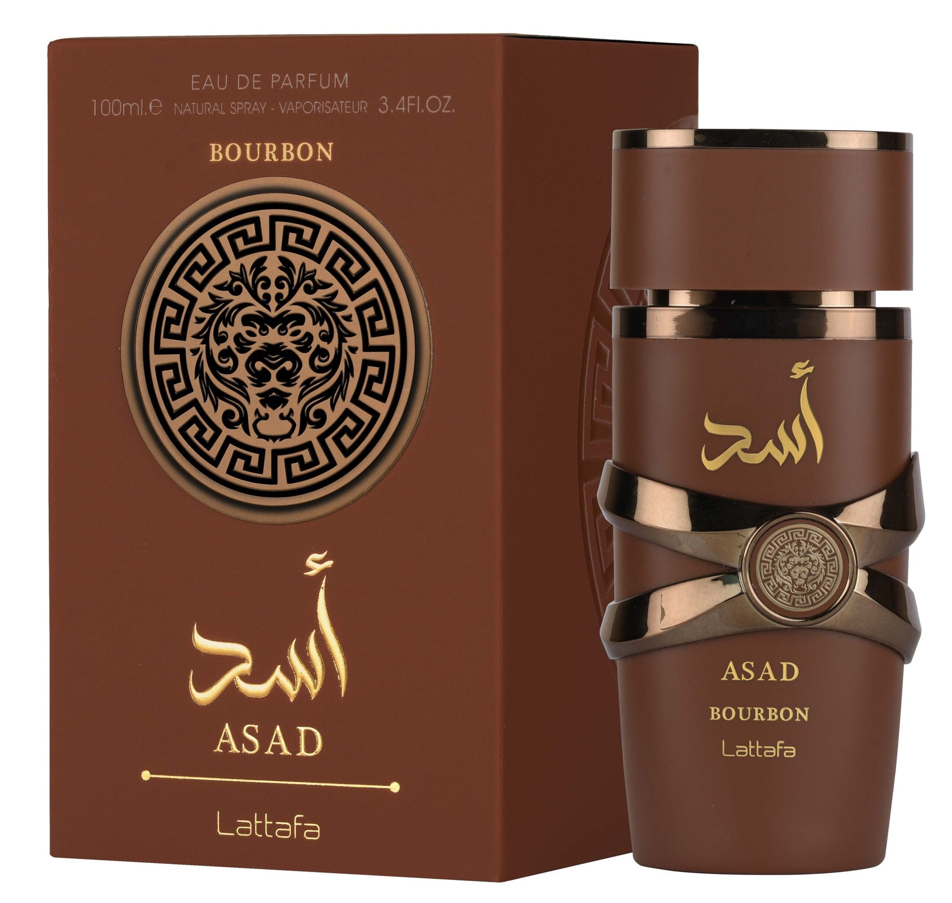 The Lattafa Asad Bourbon 100ml Eau De Parfum comes in a brown bottle and box with gold detailing and Arabic script, featuring an Oriental Spicy fragrance.