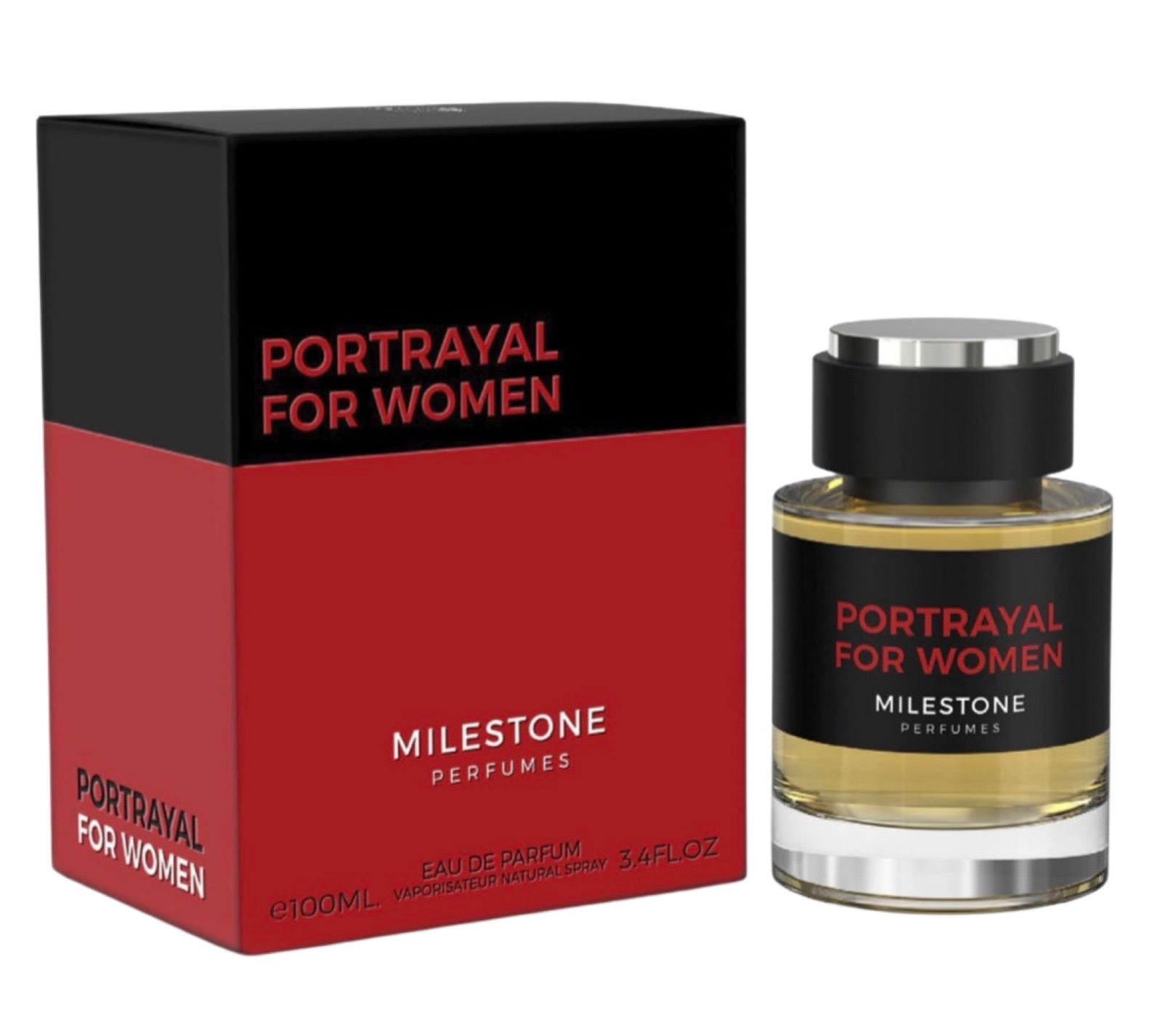 A perfume bottle labeled "Portrayal For Women by Milestone Perfumes 100ml Eau De Parfum" stands beside its matching black and red box from Milestone Perfumes, containing 100ml of their esteemed eau de parfum.