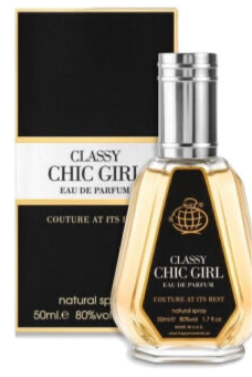 Load image into Gallery viewer, A 50ml bottle of Fragrance World Classy Chic Girl Natural Spray showcases a sophisticated Amber Floral fragrance, elegantly packaged in a black and gold box. This unisex scent is marked with 80% volume on the label.
