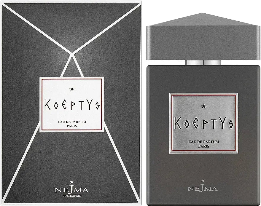 Perfume packaging and bottle from Nejma Collection Koeptys 100ml Eau De Parfum, labeled "Koéptys" with minimalist grey design and star symbol.