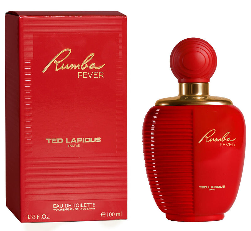 Load image into Gallery viewer, The &quot;Ted Lapidus Rumba Fever&quot; is a vibrant red perfume bottle and box crafted in Paris. This 100ml or 3.33 fl. oz. Eau De Toilette features an Oriental Floral fragrance, capturing the spirit of Ted Lapidus Rumba.
