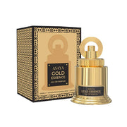 A gold perfume bottle labeled "Emper Asaya Gold Essence 100ml Eau De Parfum" by Rio Perfumes is displayed next to its matching black and gold box, evoking an oriental melody reminiscent of Arabian nights.