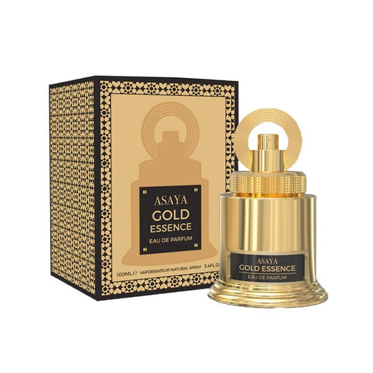 A gold perfume bottle labeled 