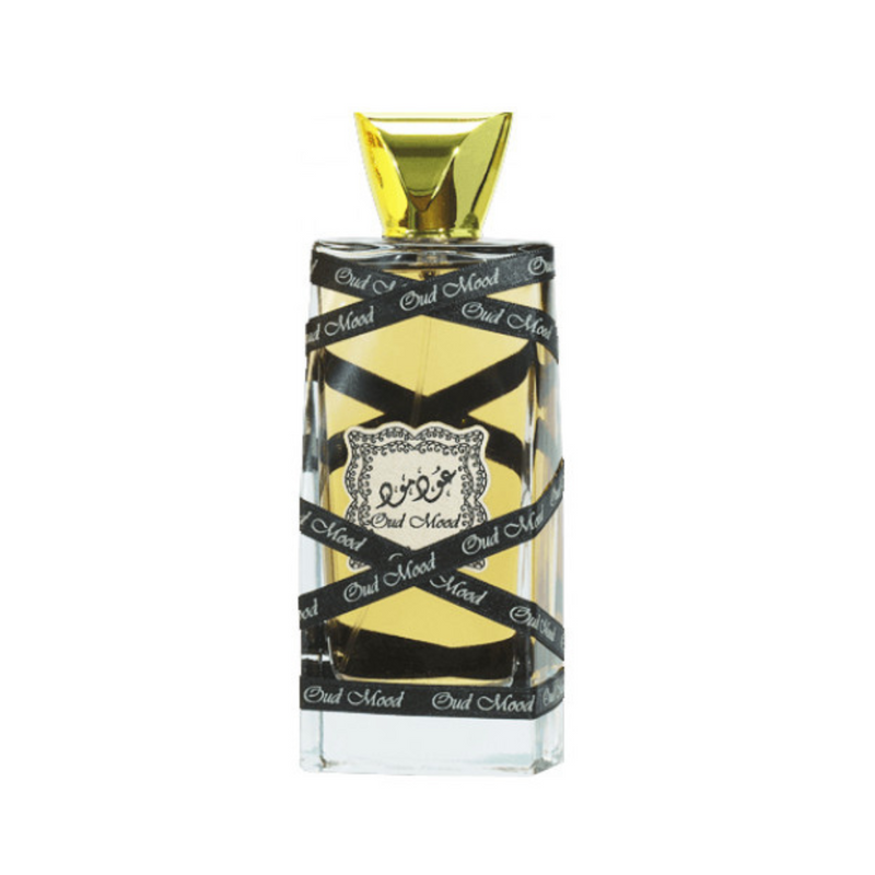 Load image into Gallery viewer, Lattafa Oud Mood 100ml Eau de Parfum features a clear bottle with a gold cap, elegantly wrapped in black ribbon adorned with &quot;Oud Mood,&quot; containing a rich golden fragrance designed for men.
