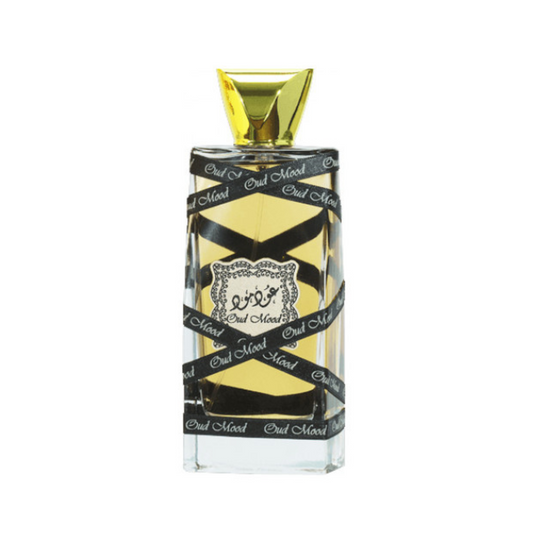 Lattafa Oud Mood 100ml Eau de Parfum features a clear bottle with a gold cap, elegantly wrapped in black ribbon adorned with 