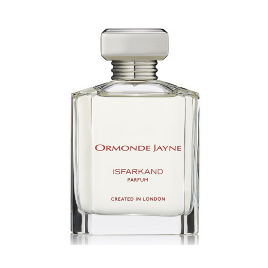 A clear 120ml bottle of Rio Perfumes Ormonde Jayne Isfarkand Eau De Parfum, featuring a silver cap and red text on the label against a white background, embodies the elegance of its Woody Chypre fragrance.