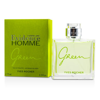 A clear bottle of Yves Rocher Comme Une Evidence Homme Green 75ml Eau De Toilette Spray is showcased next to its green packaging, representing a woody aromatic fragrance that epitomizes the ideal scent for men.