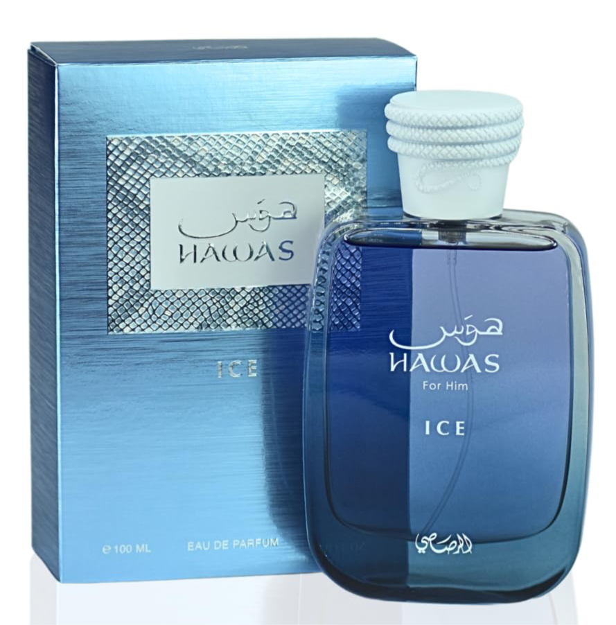 Image of Rasasi Hawas Ice For Him 100ml Eau De Parfum. The blue, rectangular glass bottle is next to its matching blue cardboard box, which features silver accents and text. This elegant fragrance for men exudes a refreshing and sophisticated aura.