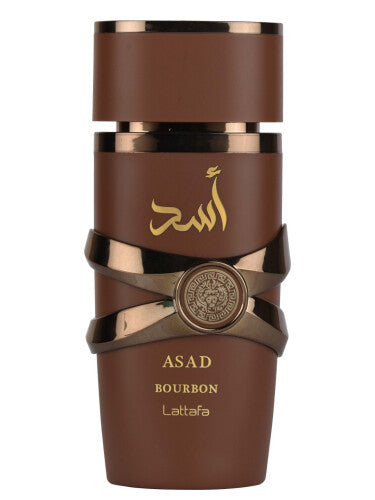 This cylindrical brown and gold perfume bottle with Arabic script exudes an Oriental Spicy scent. An embossed medallion displays "Lattafa Asad Bourbon," highlighting this 100ml Eau De Parfum as a luxurious sensory experience.