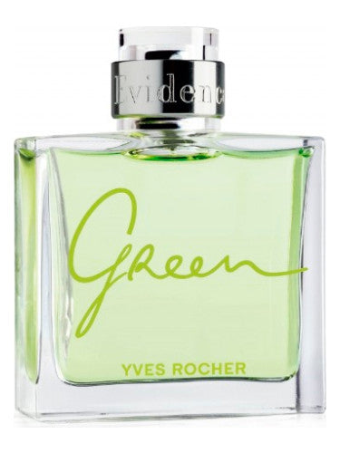 The 75ml Eau De Toilette spray, "Yves Rocher Comme Une Evidence Homme Green," features a rectangular bottle with a silver cap, displaying the brand name "Yves Rocher" and "Comme Une Evidence Homme Green" in green text. It contains a light green liquid of woody aromatic fragrance crafted for men.