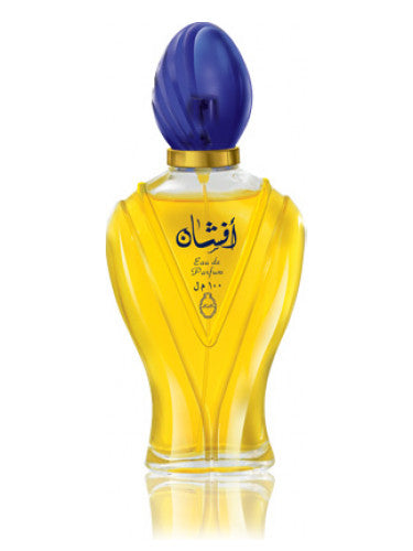 The Rio Perfumes Rasasi Afshan 100ml Eau De Parfum is an exquisite Oriental fragrance in a yellow bottle with a blue cap, adorned in elegant Arabic script. It beautifully blends tradition with modernity.