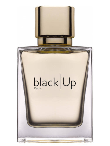 A 50ml clear perfume bottle, featuring a gold cylindrical cap and branded as "Black Up," emits a captivating Amber Vanilla scent.