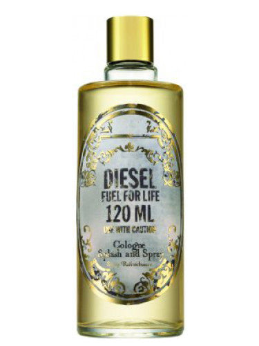 A 120ml bottle of Diesel's Diesel Fuel for Life pour Femme Eau De Toilette Cologne Splash and Spray, featuring a gold cap and a decorative label that reads "Use With Caution." This captivating Chypre Floral fragrance intrigues with its bold allure.