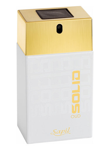 A 100ml Eau De Parfum rectangular bottle of Sapil Solid Oud for Men, adorned in white and gold with the word "Oud" and the brand name "Sapil" on the front, featuring notes of Indonesian Patchouli Leaf.