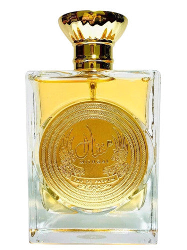 Ard Al Zaafaran Mithqal 100ml Eau De Parfum by Rio Perfumes, in a square glass bottle with an ornate gold cap and embossed emblem, contains a captivating floral fragrance.