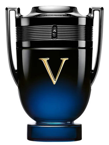 The Paco Rabanne Invictus Victory Elixir 100ml Parfum Intense boasts a trophy-shaped bottle in black and blue with a striking gold "V", embodying the ultimate men's fragrance.