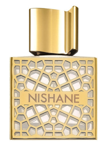 The Nishane Hacivat Oud 50ml Extrait De Parfum features a gold geometric lattice design and bold cap, offering an exquisite unisex fragrance.