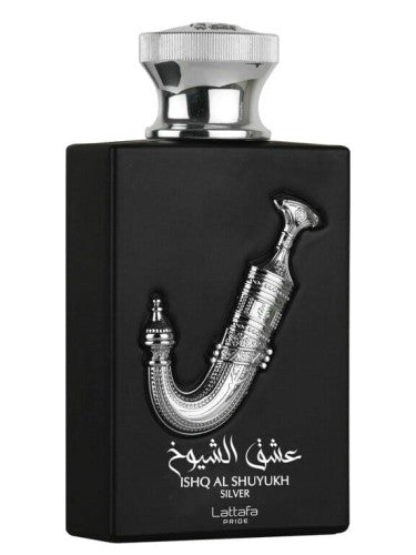 A black perfume bottle with a silver cap, adorned with an embossed silver dagger design, emanates an Oriental fragrance. The label displays "Lattafa Ishq Al Shuyukh Silver 100ml Eau De Parfum," highlighting this exquisite blend of tradition and elegance by Lattafa.