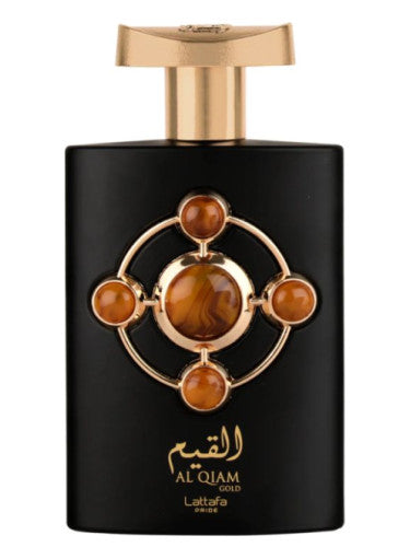 A luxurious 100ml black perfume bottle, Al Qiam Gold by Lattafa, flaunts a gold cap and ornate circular design with amber-like stones. The inscription "Al Qiam Gold Lattafa Pride" completes this elegant Eau De Parfum.