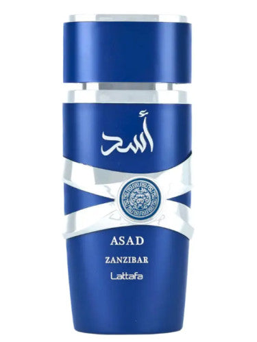 A blue cylindrical perfume bottle labeled with Arabic text and "Lattafa Asad Zanzibar" at the bottom, featuring a silver design around the middle. This lattafa Lattafa Asad Zanzibar 100ml Eau De Parfum is a distinct fragrance for men.