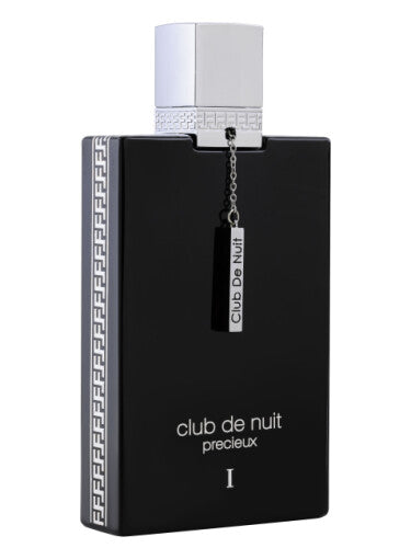 Load image into Gallery viewer, The black rectangular perfume bottle, known as &quot;Armaf Club de Nuit Precieux Extrait De Parfum,&quot; features a silver cap and chain detail. This Eau De Parfum encapsulates an Oriental Woody fragrance, combining opulence with sophistication in every spray.
