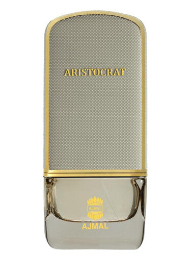 A rectangular perfume bottle with a gold top labeled "ARISTOCRAT" and a clear bottom labeled "AJMAL" in gold text, this Ajmal Aristocrat Coastal 75ml Eau De Parfum by Rio Perfumes exudes sophistication.