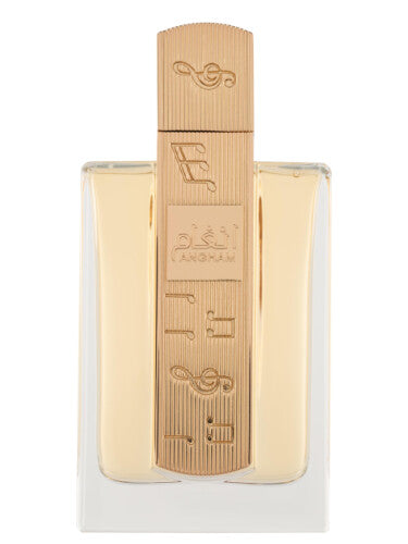 The Lattafa Angham 100ml Eau de Parfum, from Lataffa, comes in a rectangular glass bottle with a tall, intricately engraved gold cap and holds light amber liquid. Experience the luxurious allure of its captivating Oriental Vanilla fragrance.