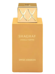 A rectangular bottle of Swiss Arabian Shaghaf Vanilla Toffee 75ml Eau De Parfum by Rio Perfumes, featuring an Oriental Vanilla fragrance, is topped with a stunning gold cap adorned with a star pattern.