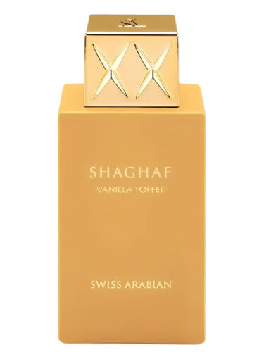 A rectangular bottle of Swiss Arabian Shaghaf Vanilla Toffee 75ml Eau De Parfum by Rio Perfumes, featuring an Oriental Vanilla fragrance, is topped with a stunning gold cap adorned with a star pattern.