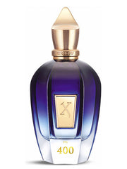 A Xerjoff JTC 400 100ml Eau De Parfum bottle of blue perfume, suitable for both men and women, showcased on a white background.