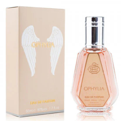 Load image into Gallery viewer, A bottle of Fragrance World Ophylia 50ml Eau De Parfum is elegantly placed next to its beige box, which features delicate wing designs that subtly suggest the captivating amber floral fragrance inside.
