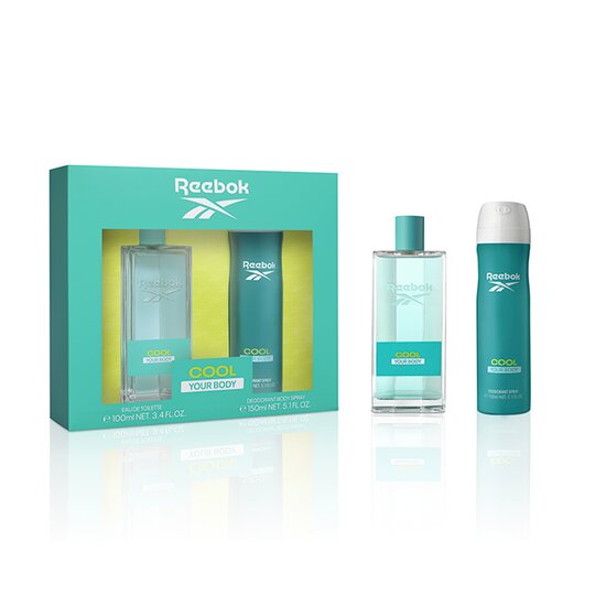 A Reebok Cool Your Body 100ml Eau de Toilette Gift Set with a bottle of eau de toilette and a fragrance.