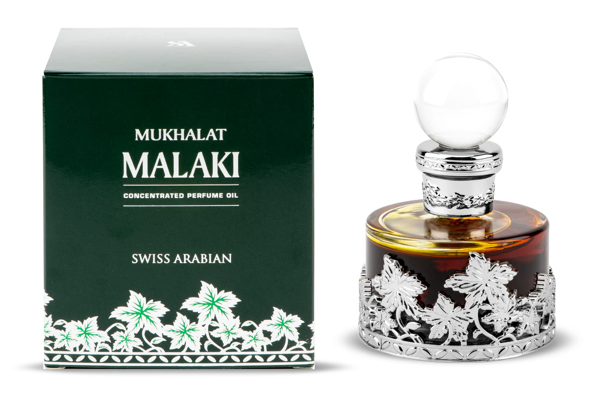 A green box labeled "Swiss Arabian Mukhalat Malaki Concentrated Perfume Oil" and an ornate glass bottle with a round, clear stopper, containing concentrated oil, are displayed. The box features white floral designs and the text "Swiss Arabian." The perfume oil inside offers an exquisite Amber Woody fragrance.