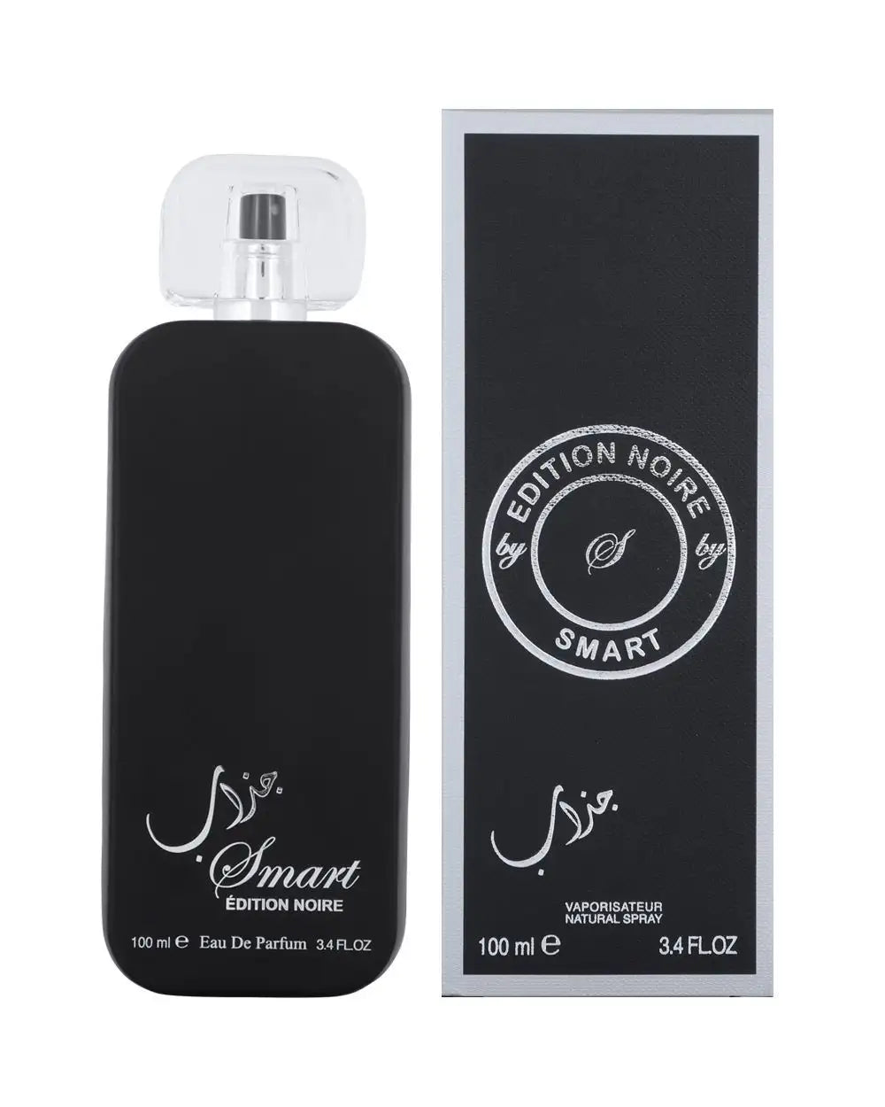 A black perfume bottle labeled "Almusbah Smart Noir 100ml Eau De Parfum" next to its matching packaging box with white text detailing by Rio Perfumes.