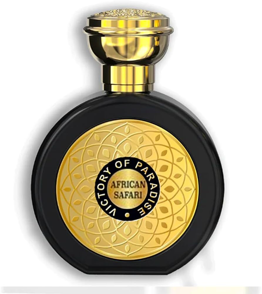 Black and gold perfume bottle labeled "Milestone Victory of Paradise African Safari 100ml Eau De Parfum" by Milestone Perfumes, featuring an ornate design on the front. This unisex fragrance offers an enchanting Eau De Parfum experience.