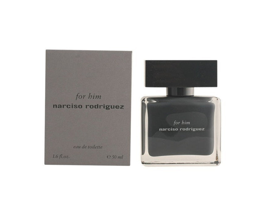 A bottle and box of Narciso Rodriguez for Him 50ml EDT, an exquisite men's fragrance by Narciso Rodriguez, featuring an aromatic fougere scent.