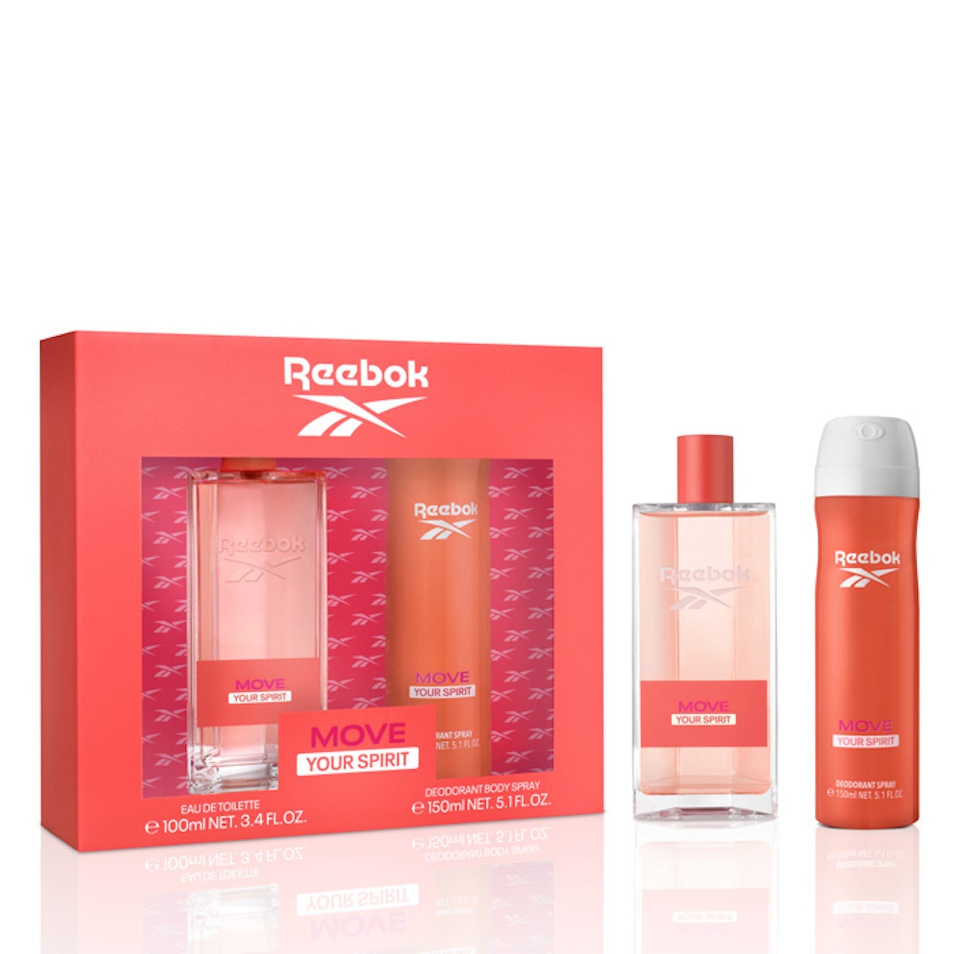 Discover the Reebok Move Your Spirit gift set for women, featuring a 100ml eau de toilette and a 150ml deodorant spray. This vibrant collection is elegantly packaged in shades of pink and orange.