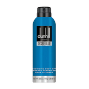 Blue Dunhill Desire Blue deodorant body spray bottle with white and black text.