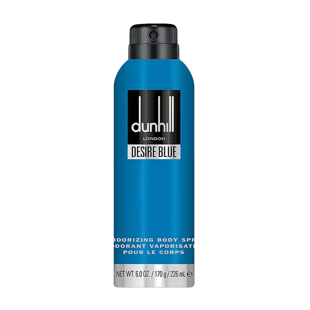 Blue Dunhill Desire Blue deodorant body spray bottle with white and black text.