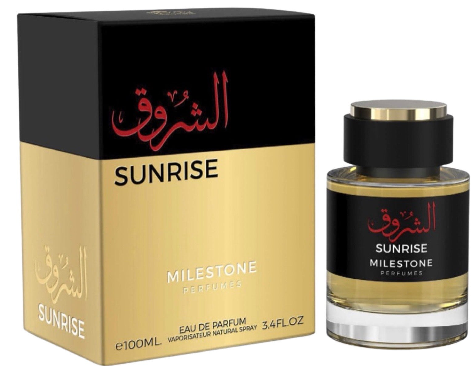 A bottle of "Sunrise by Milestone Perfumes 100ml Eau De Parfum" is shown next to its gold and black box, both adorned with red Arabic script and the brand's name in black and white text. This exquisite fragrance for men & women exemplifies the luxurious scents crafted by Milestone Perfumes.