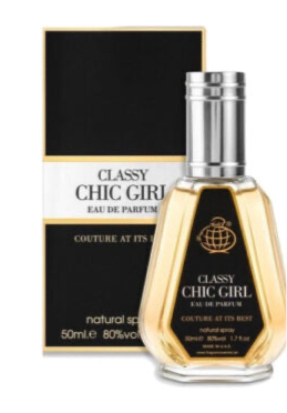 A bottle of Fragrance World Classy Chic Girl 50ml Natural Spray, an Amber Floral fragrance for men and women, is elegantly displayed in front of its box. The text on the box reads "Couture at its best." The bottle contains 50ml or 1.7 fl oz of fragrance.