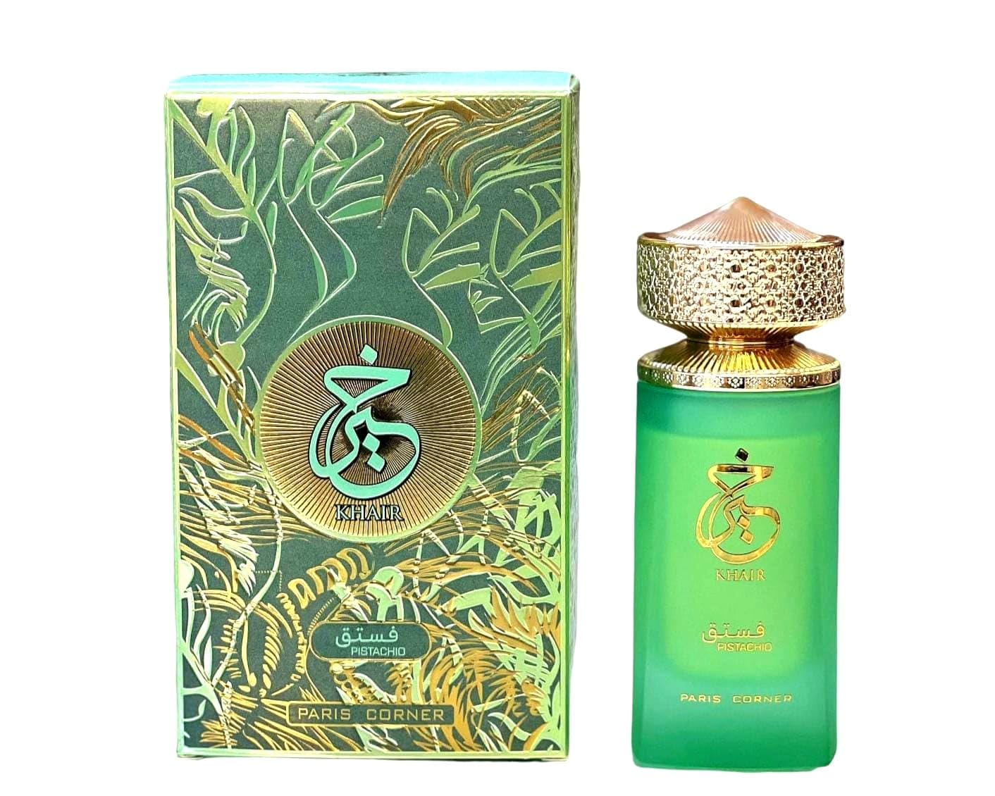 Paris Corner Khair Pistachio 100ml Eau De Parfum bottle with an ornate cap next to its decorative packaging, classified as Eau De Parfum.