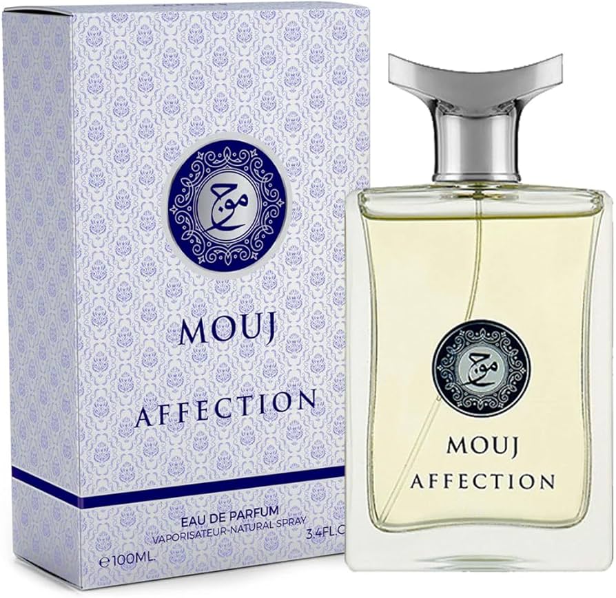 Image of the Milestone Mouj Affection 100ml Eau De Parfum by Milestone Perfumes. The perfume bottle, designed as a Fragrance for Men, is placed next to its decorative box, which features intricate blue patterns and branding details. The sleek bottle contains 100 ml (3.4 fl oz) of this exquisite Eau De Parfum.
