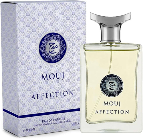 Image of the Milestone Mouj Affection 100ml Eau De Parfum by Milestone Perfumes. The perfume bottle, designed as a Fragrance for Men, is placed next to its decorative box, which features intricate blue patterns and branding details. The sleek bottle contains 100 ml (3.4 fl oz) of this exquisite Eau De Parfum.
