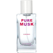 Clear perfume bottle labeled "Almusbah Pure Musk 75ml Eau De Parfum" with a white cap and pink text by Rio Perfumes.